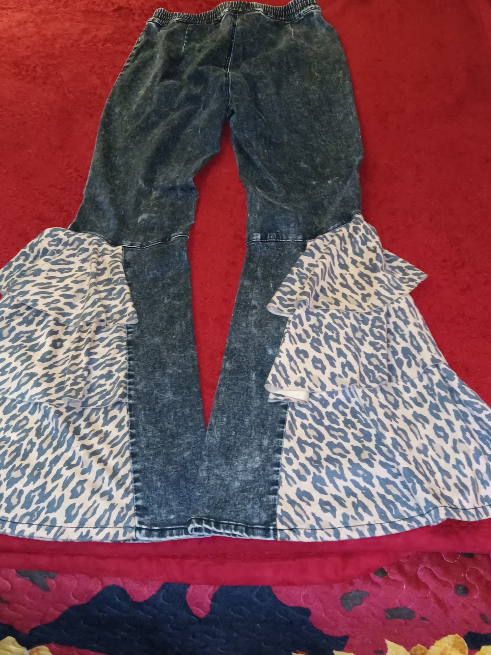 Fashion Express acid wash bell-bottom pants with leopard print ruffles, Black M